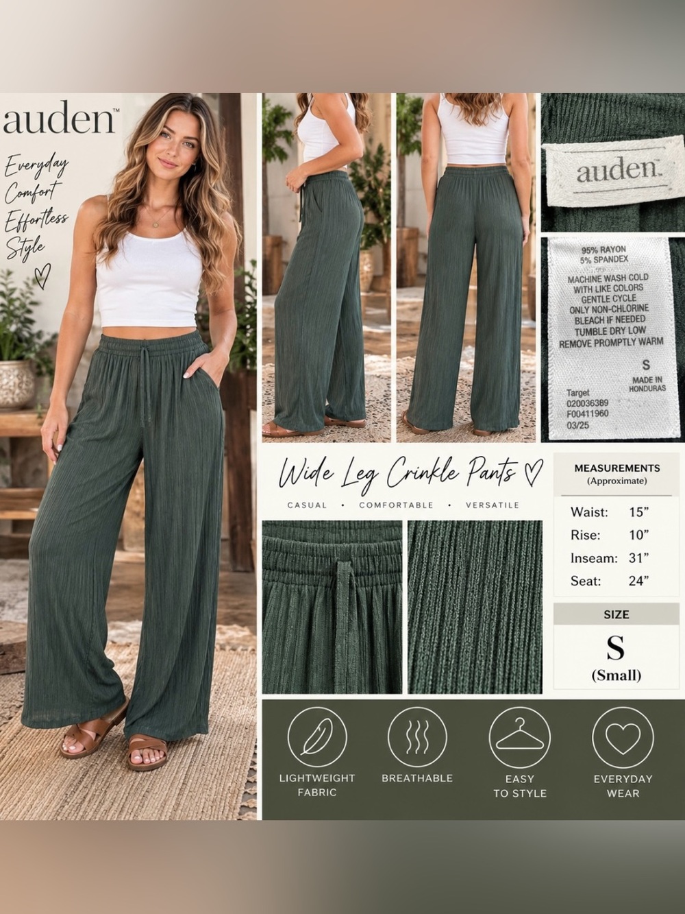 Auden Wide Leg Crinkle Pants - Forest Green